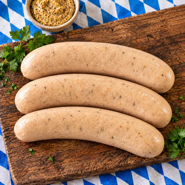 Tres salchichas Bockwurst de ternera, cerdo y mostaza sobre tabla de madera, con mostaza