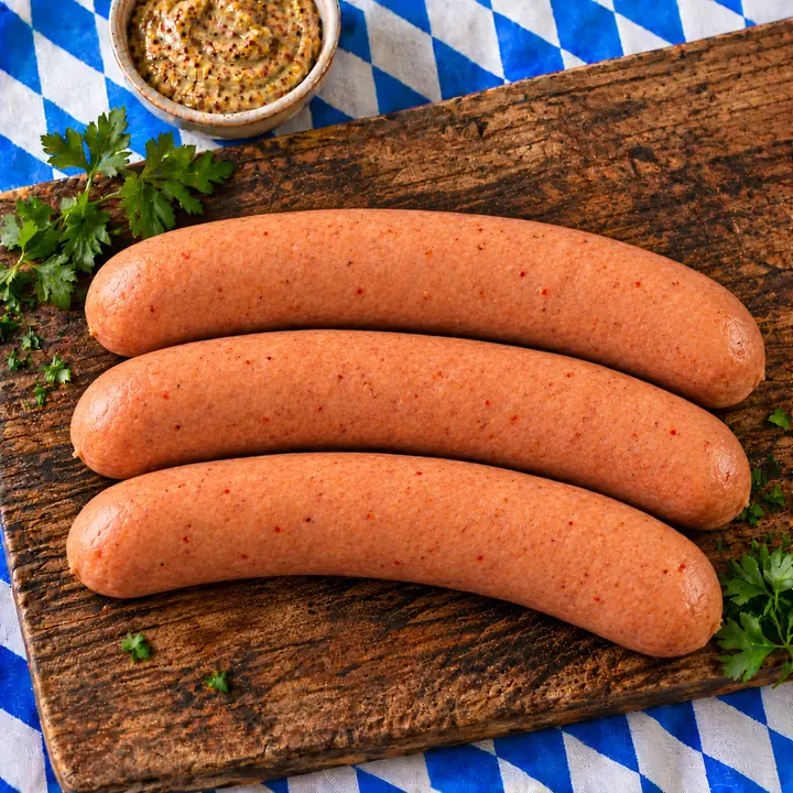 Tres salchichas Española con suave picante sobre tabla de madera, con mostaza