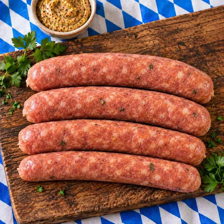 Cuatro salchichas Macha de cerdo magro sobre tabla de madera, con mostaza y perejil
